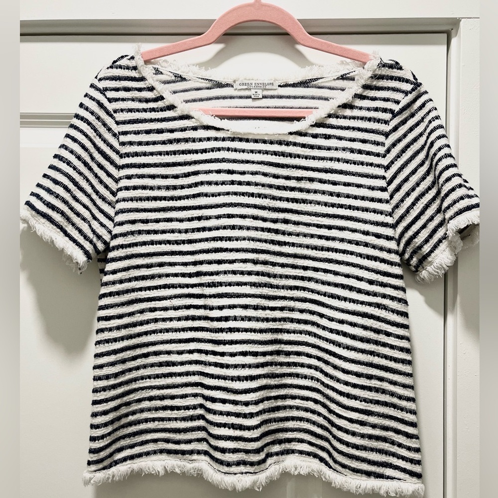Top Crop Green Envelope White Navy Stripes Fringed Trim Woven SZ M Front Tuck